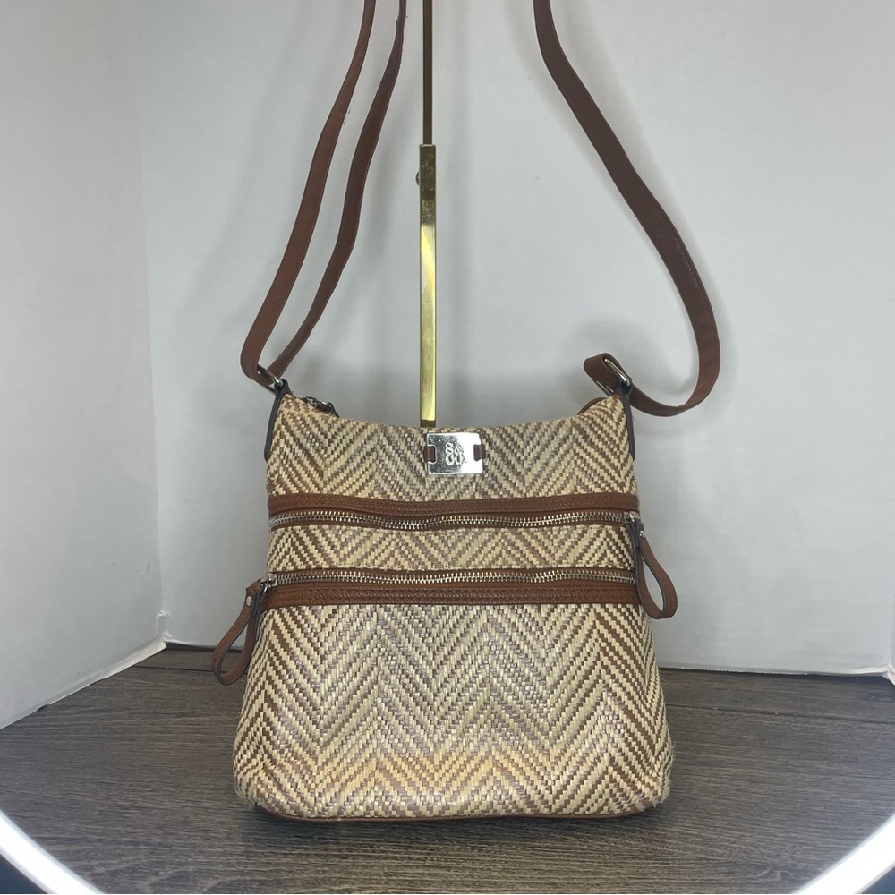 Brown Chevron Crossbody Bag. Weaved purse. Ink stains interior pocket. Pre-own.